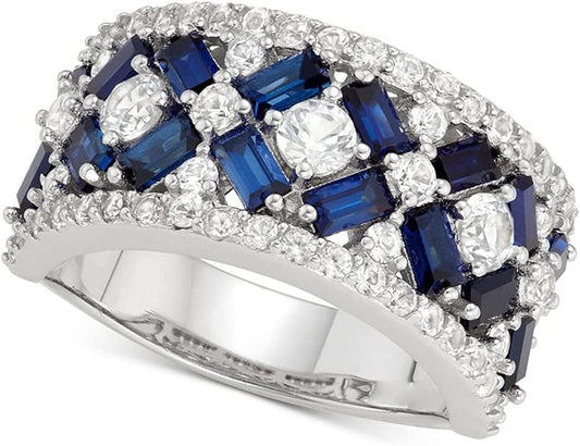 Luxury Ladies Topaz Sapphire Eternity Ring, 925 Sterling Silver, Wedding Ring, Blue Sapphire & CZ Stones, Modern Style, Royalty Theme