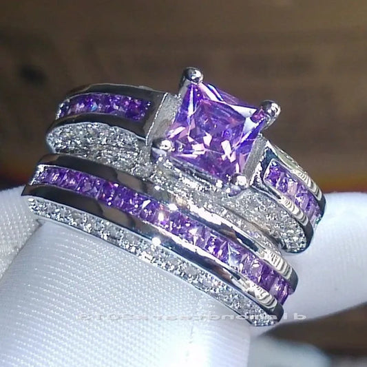 2Pcs/Set Princess Luxury 925 Silver Plated Amethyst CZ Gemstones Wedding Set Rings Size 6-11  (Choice Color and Size )