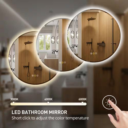 RS 28 In. W X 28 In. H round Beveled Edge 3 Colors Dimmable LED Anti-Fog Memory Wall Mount Bathroom Vanity Mirror