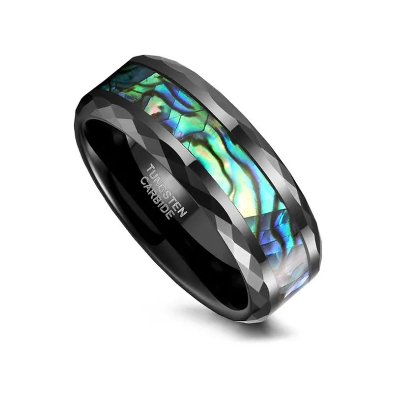 8MM Tungsten Carbide Rings Inlay Multi-color Rainbow Abalone Shell Faceted Edge Cut Wedding Band for Men's Engagement Promises Jewelry Anniversary Gift