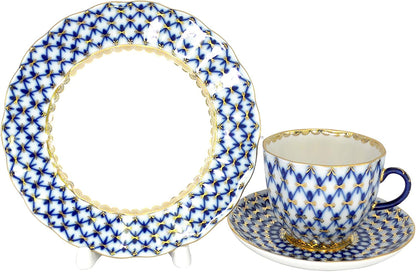 Lomonosov Porcelain Cobalt Net Coffee Cup and Saucer 3Pc.