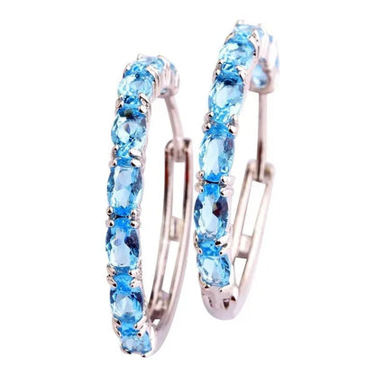 Fashion Women Oval Cut Amethyst Pink & White & Blue Topaz & Black Spinel & Morganite & Sapphire Quartz & Spinel & Emerald & Gemstone Ear Clip Hoop Silver Earrings