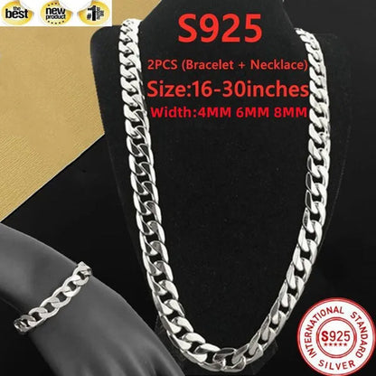 2PCS (Bracelet + Necklace) 925 Sterling Silver Smooth Flat Sideways Chain Necklace Fashion Luxury Exaggerated 16"-30" Fashion Exquisite Jewelry Sets for Women and Men