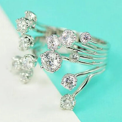 Gorgeous  Silver Crown Natural Gemstones White Sapphire Birthstone Bride Wedding Engagement Multilayer Rose Flower Ring Size 6 7 8 9 10