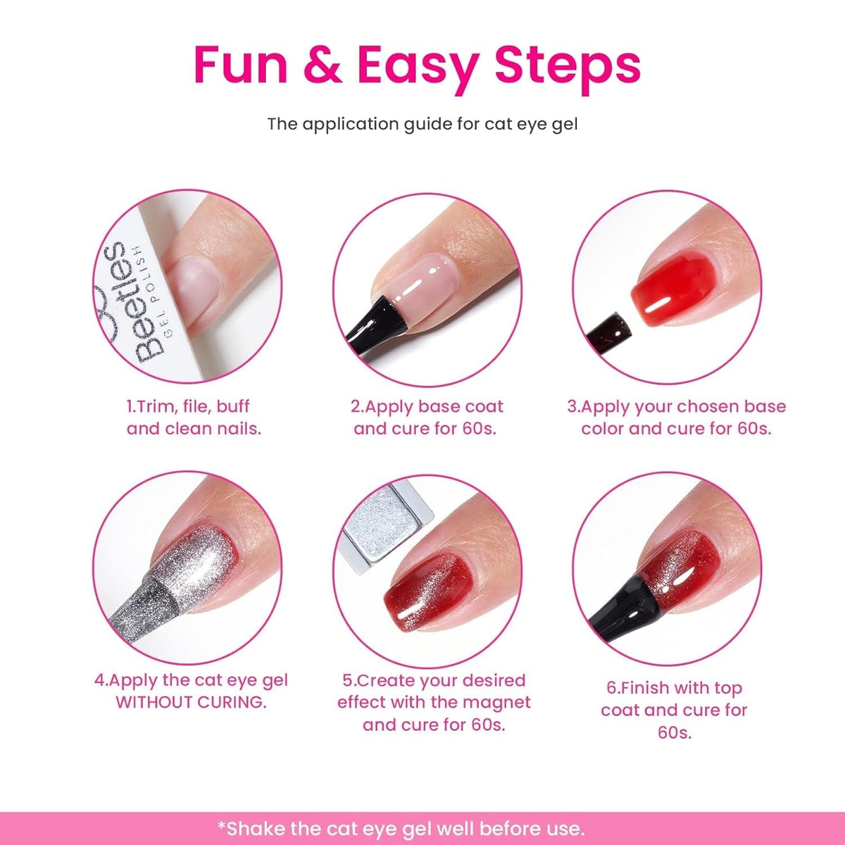 Beetles Gel Nail Polish Set, 6 Colors Silver Cat Eye Gel Polish Sheer Jelly Red Pink Yellow Green Black Neon Gel Translucent Glitter Effect with Magnet Soak off UV Manicure Gifts for Women