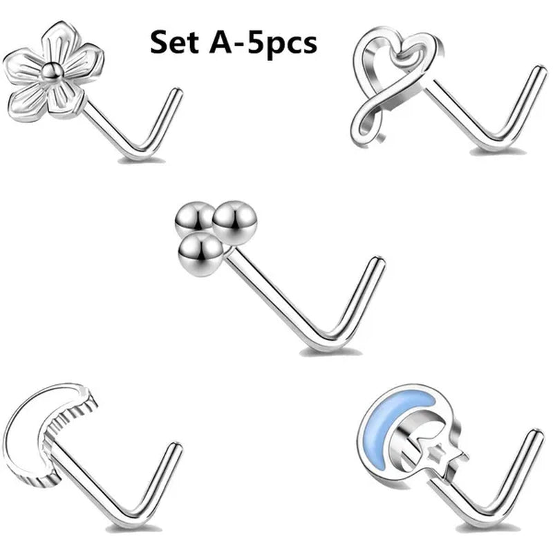 5/6Pcs 20G Nose Rings Stud L Shape Nose Rings Cubic Zirconia Butterfly Flower Eye Moon Heart Shape Nose Studs Piercing Jewelry for Women Men