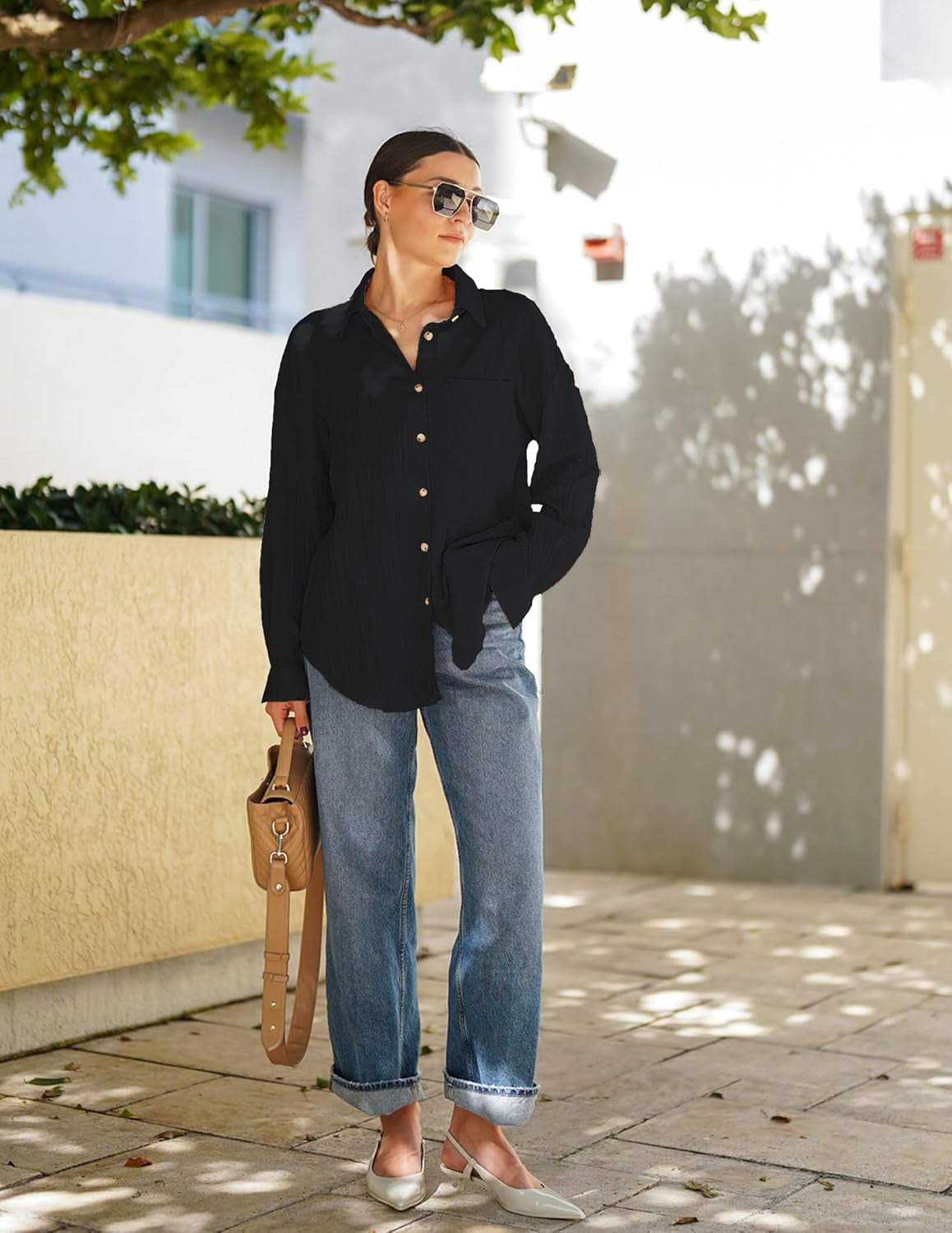 Womens Button down Shirts Long Sleeve Dress Shirt Textured Collared Work Blouse Dressy Casual Tops with Pocket