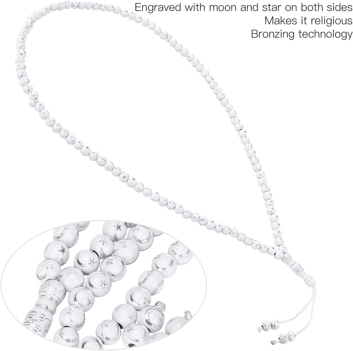 Islamic Prayer Beads, Muslim Rosary Beads 99 Grains Resin Gilding Religious Article Islam Prayer Rosary Beads Islamic Necklaces (White)