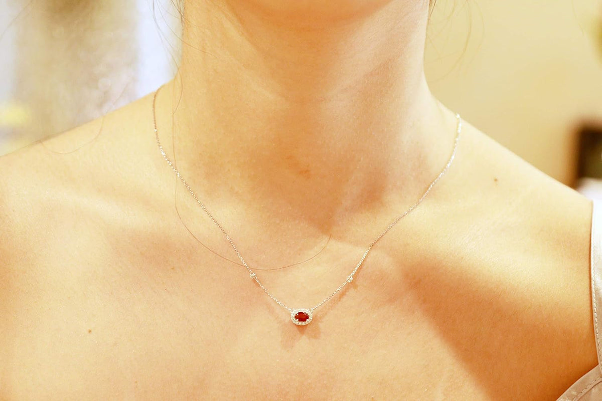 14K White Gold Natural Diamond (I1,I2) & Genuine Ruby Pendant for Women