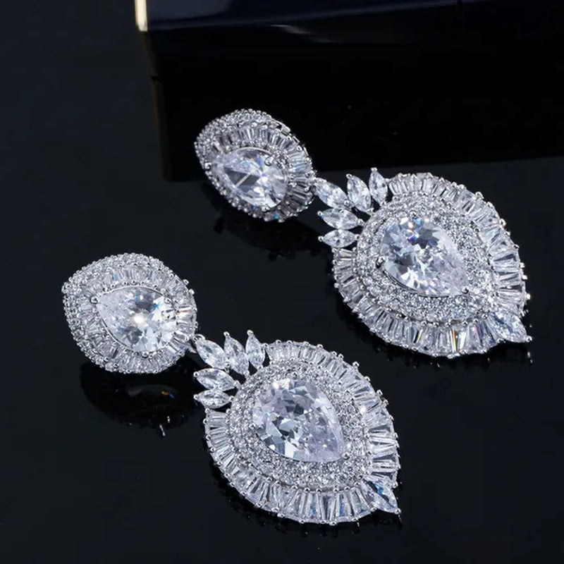 CANDICE Luxury Jewelry 18K Platinum Plated Double Large Water Drop Cubic Zirconia Crystal Long Dangle Earrings For Wedding Gift