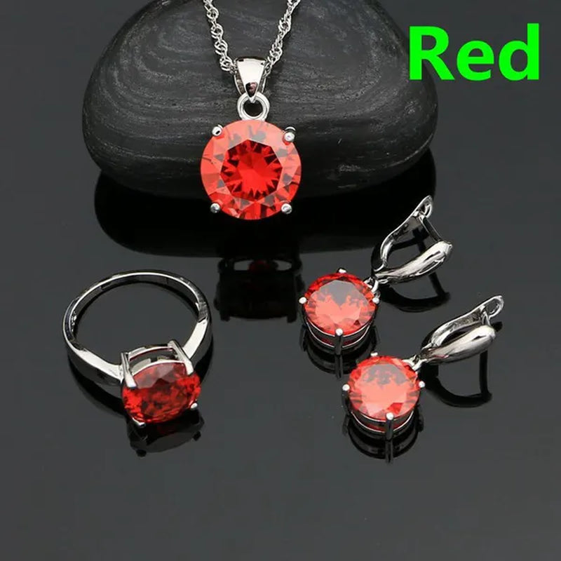 925 Sterling Silver Jewelry Sets Green Emerald Earrings Ring Pendant Neckalce round Jewelry Women Accessories