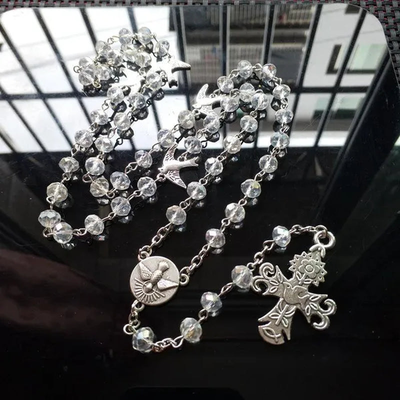Rosary Necklace Holy Spirit Dove Medal Cross Pendant Crystal Prayer Beads Chain Catholic Jewelry Baptism Communion Gifts