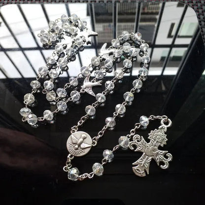 Rosary Necklace Holy Spirit Dove Medal Cross Pendant Crystal Prayer Beads Chain Catholic Jewelry Baptism Communion Gifts