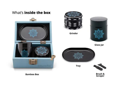 MYSTE BLUE MANDALA Stash Box Smell Proof Set, Grinder Large 2.5'' (63mm), Premium Combo Stashbox Kit, Wooden With Accessories