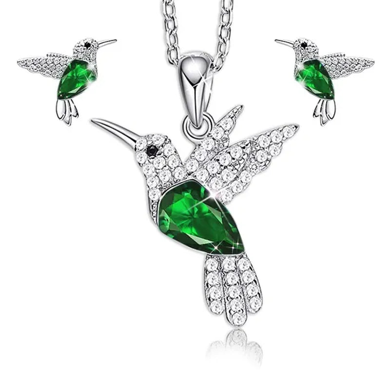 Hummingbird  Silver Jewelry Set Women Pendant Necklace and Stud Earring Set CrystalsFine Animal Jewelry, Gift for Mothers Day