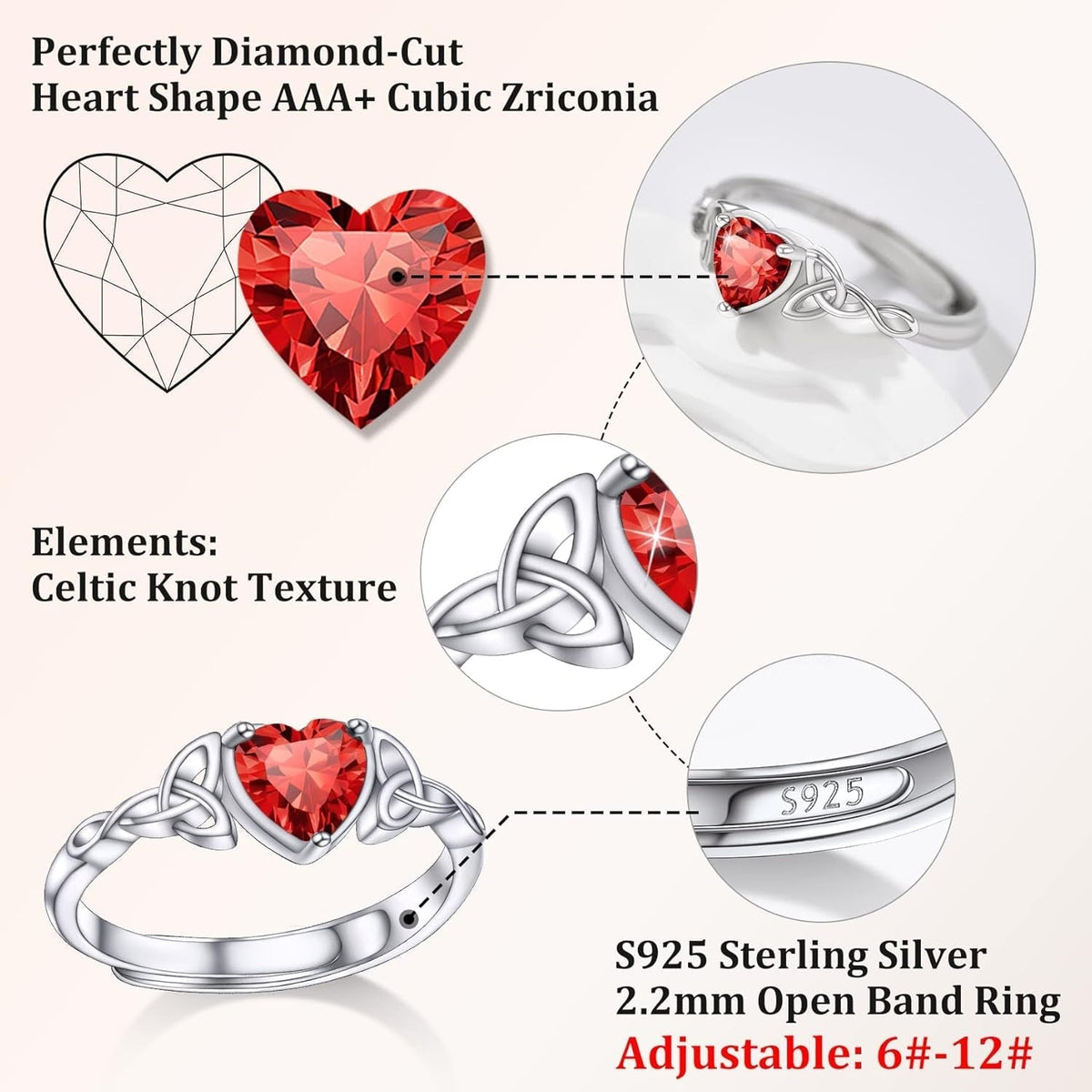 Sterling Silver Celtic/Claddagh Birthstone Ring for Women, Hypoallergenic Celtic Silver Ring for Women, Adjustable Open Silver Thumb Ring, Love Promise Ring for Her, Great Birthday Gift