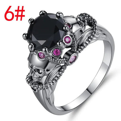 Gothic Style Sterling Silver Skull Ring Black Sapphire/Rainbow Crystal Diamond Punk Jewelry Proposal Birthday Gift Bridal Engagement Band Rings for Men Women Bride Size 6-9