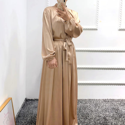 Women'S Muslim Kaftan Abaya Prayer Dress Long Sleeve Self Tie Maxi Dress Middle East Arabian Robe Gown