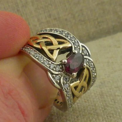 Vintage Women's Fashion Two Tone  Silver & Gold Red Ruby & Blue Sapphire Celtic Ring Anniversary Gift Engagement Bridal Wedding Jewelry Rings Size 5-10