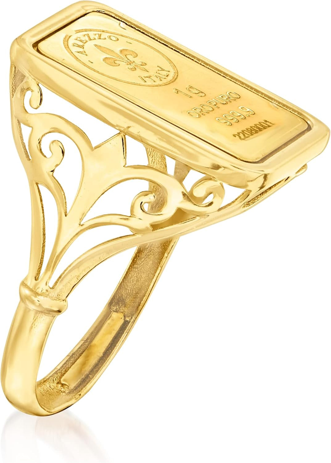 Italian 24Kt Yellow Gold Fleur-De-Lis 1-Gram Ingot Ring with 14Kt Yellow Gold Band. Size 5