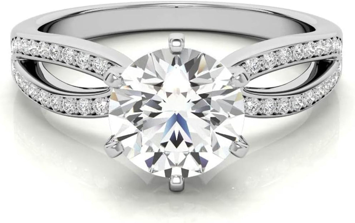 10K White Gold and 925 Sterling Silver 0.87 Carat round Brilliant Shape White Color Moissanite Diamond Pave Split Shank Wedding Ring for Her