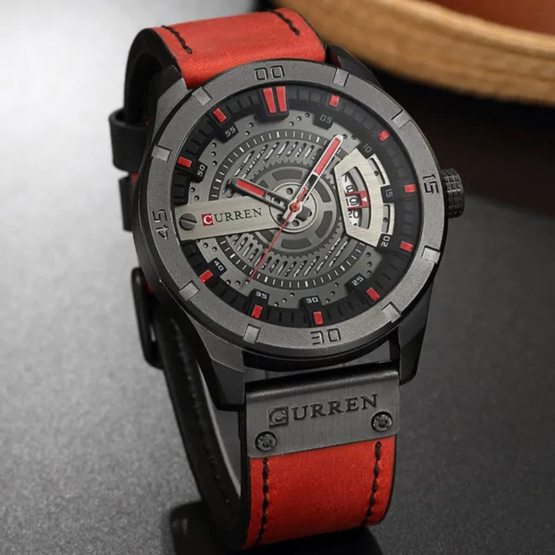 CURREN Men Watch Army Military Sports Watches Black Case Leather Strap Waterproof Date Function