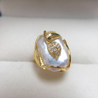 Irregular Pearl Ring, Baroque Pearl Leaf Shape Rhinestone Ring, Gold Vintage Pearl Stacking Ring, Open End Adjustable Statement Ring, Fashion Jewelry Ring Gift for Women