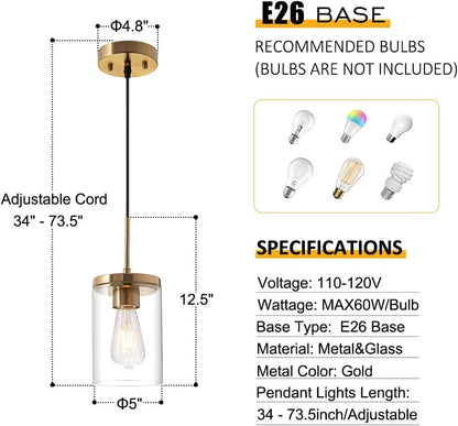 Gold Pendant Light Fixtures,5 Inch Globe Pendant Lights Kitchen Island with Clear Glass,Hanging Lights for Kitchen Island, Dining Room, Bedroom, Hallway, Farmhouse - 2 Pack