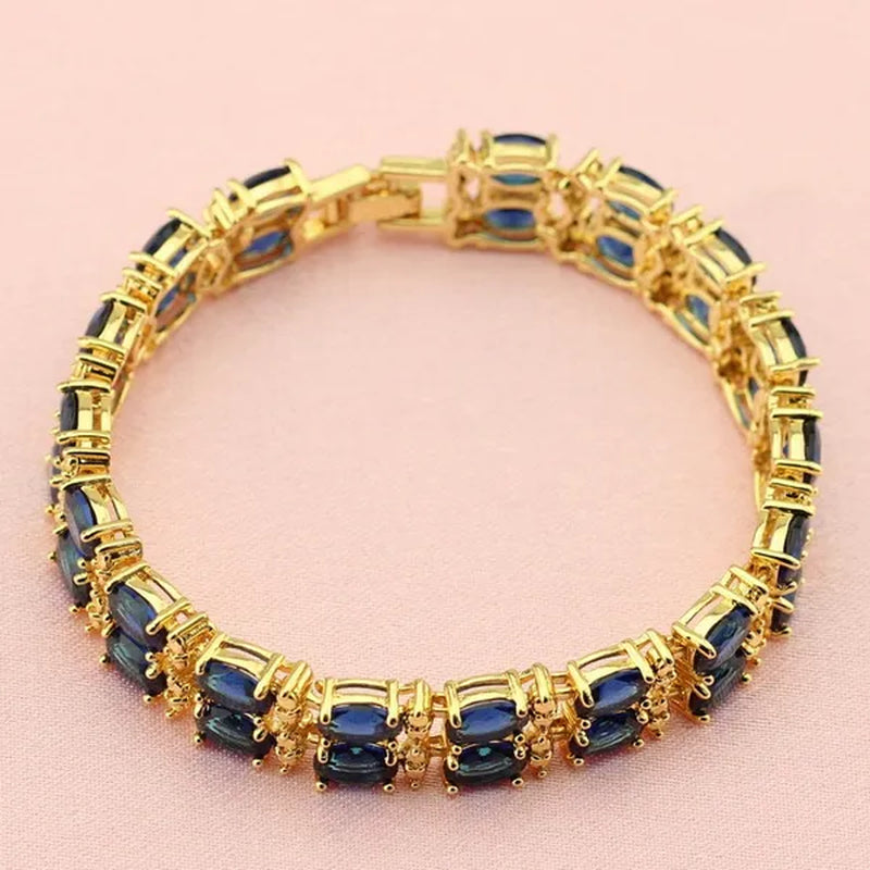Women's Fashion Flower Shaped Gold Color Jewelry Sets Blue Zircon Earrings Pendant Rings Bracelet