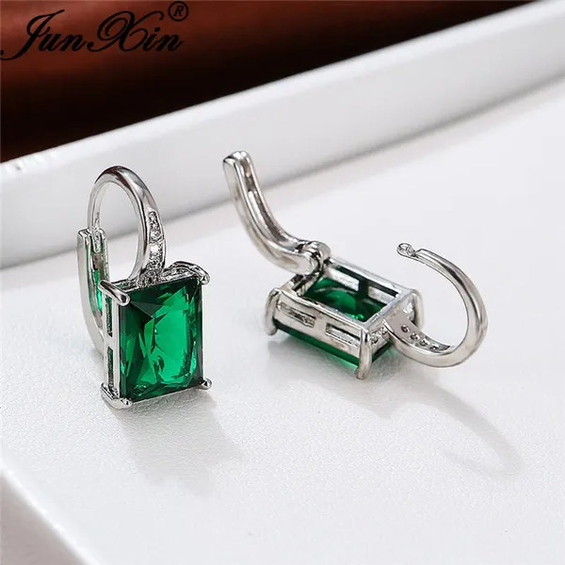 1Pair 925 Sterling Silver 14K White Gold Hoop Earrings New Fashion Rectangle Cut Green Emerald Diamond Earrings Drop Dangle Earrings Princess Gift