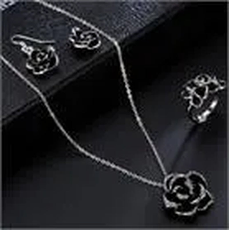 18k White Gold Plated Rhinestone Jewelry Sets Black Rose Flower Necklace Earring