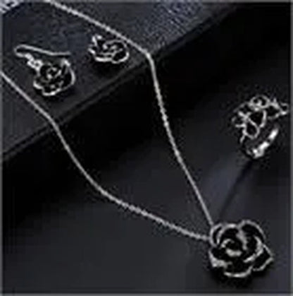 18k White Gold Plated Rhinestone Jewelry Sets Black Rose Flower Necklace Earring