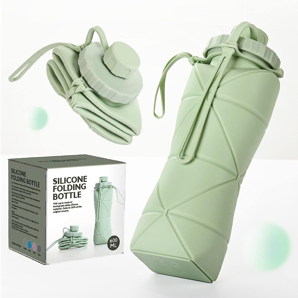 Collapsible Water Bottle, Silicone Foldable Water Bottles for Travel, Easy-To-Carry Design and Compact Size, BPA Free, 20 Oz (Green)