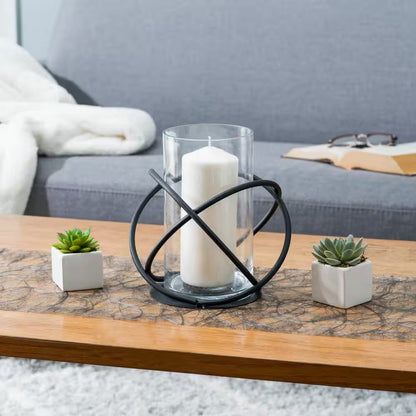 Orbits Black Metal and Clear Glass Hurricane Candleholder
