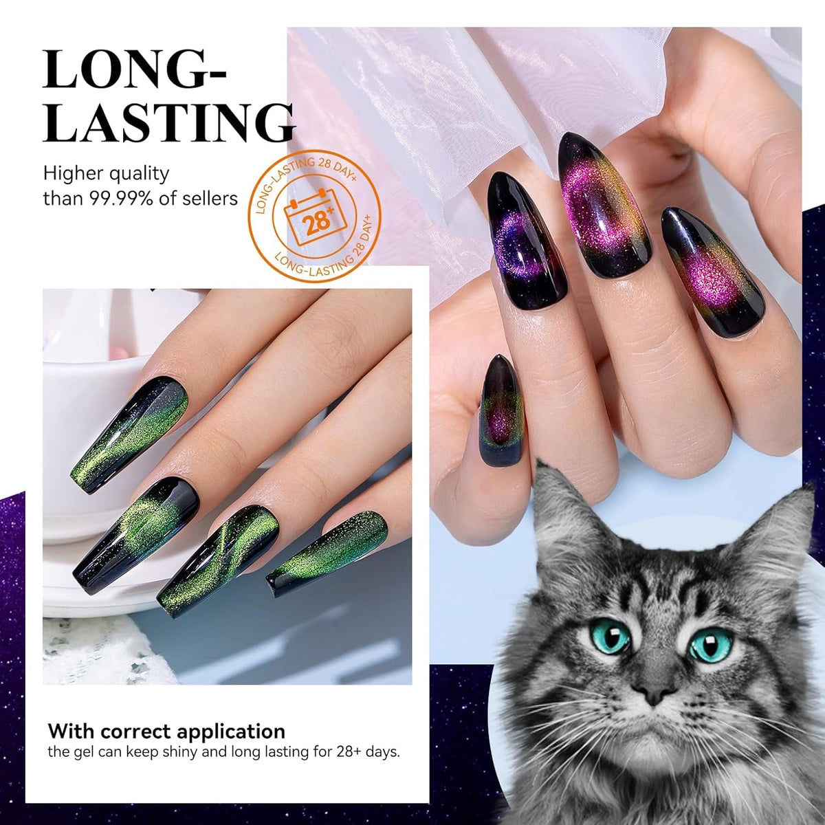 9D Cat Eye Gel Nail Polish, Magnetic Cat Eye Gel Polish Set, 10Ml*6 with 2 Magnets, Classic Colors Chameleon Magic Galaxy Effect Soak off Nail Art, Sparkle Stunning Gel Polish Gift for Women