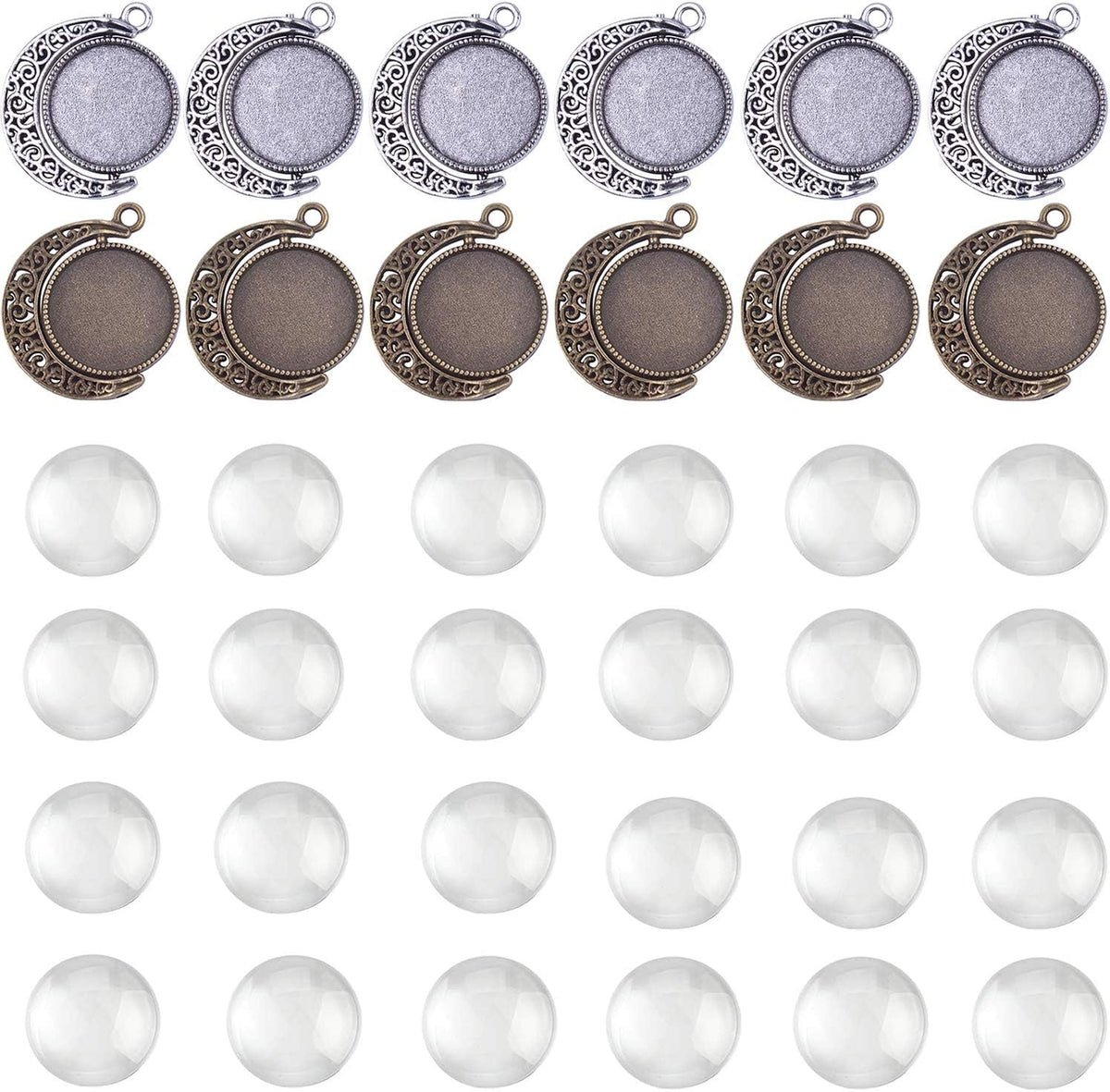Moon Rotation Double Side Pendant Trays Kits in Box, 12 Pieces Pendant Tray with 24 Pieces Glass Cabochons Clear Dome 18Mm Blank, 2 Colors Bezels
