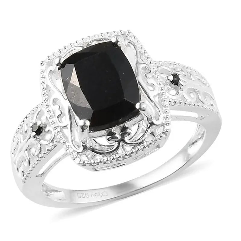 925 Sterling Silver Black Tourmaline Black Spinel Statement Ring for Women Graduation Gifts for Her Fashion Jewelry Cttw 2.5