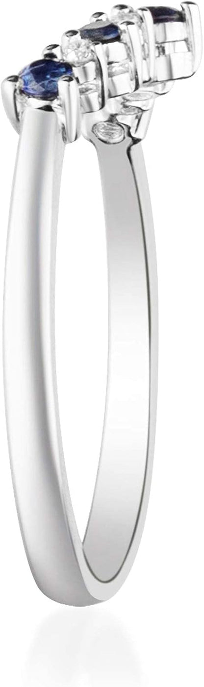 10K White Genuine Blue Sapphire Ring with Diamonds for Women | Ethically, Authentically & Organically Sourced (Round-Cut) Shaped Sapphire Hand-Crafted Jewelry for Her | Sapphire Ring for Women