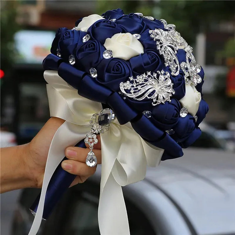 21CM Silver Rhinestone Bridal Hand Flowers Ribbon Wedding Hand Bouquet Mixed Color Silk Rose Diamond Brooch Bridesmaid Bouquet Wedding Supplies