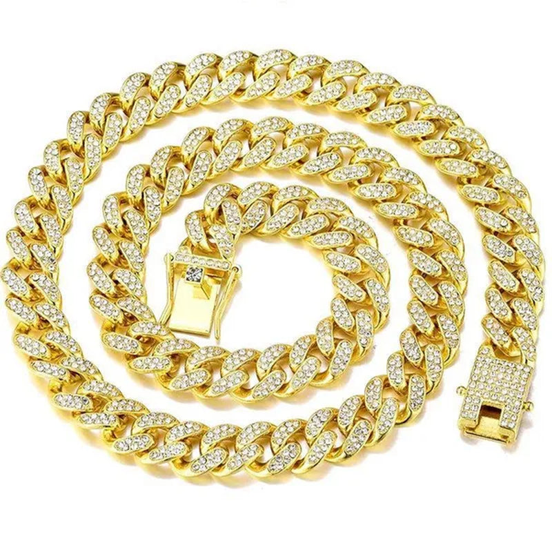 Cuban Link Chain Gold Silver Plated Bling Miami Cuban Necklace Diamond Chain for Fashion Men Iced Out Hip Hop Jewelry 1Pcs