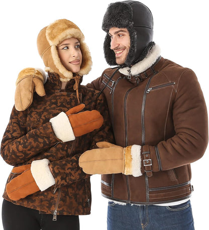 Leather Aviator Shearling Ushanka Trapper Hat Russian Sheepskin Cap Real Fur Winter Hat with Ear Flaps for Men Women