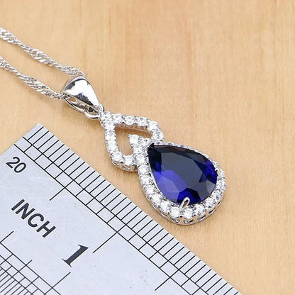925 Silver Jewelry Sets Blue Sapphire White Topaz Open Rings Earrings Pendant Necklace Bracelet For Bridal  Women