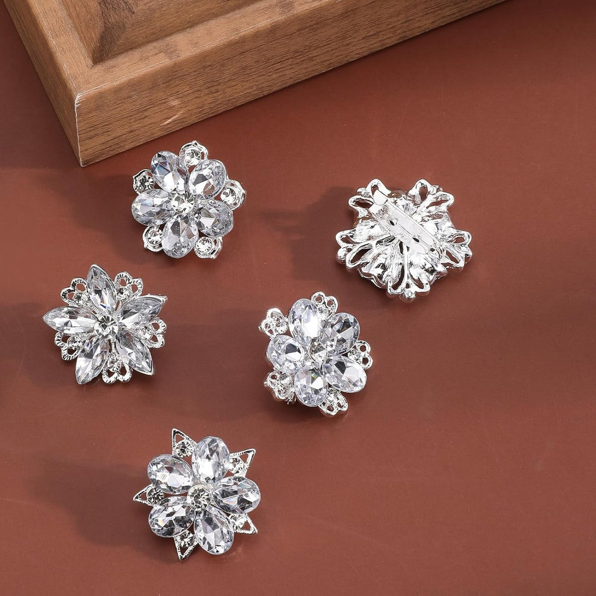 12 Pcs Rhinestone Brooch, Silver Brooch Pins, Assorted Crystal Brooch Pin Small Flower Brooches Pins Decorative Brooch Pins for Crafts Flower Lapel Badge Pins for Women DIY Bridal Wedding Bouquet Kit