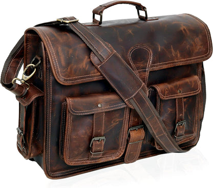 Leather Briefcase Work Bag for Men Women Dark Brown Crossbody Genuine Leather Satchel Office Bag for Men Women 18 Inch Computer Travel Messenger Laptop Shoulder Bag Cureo