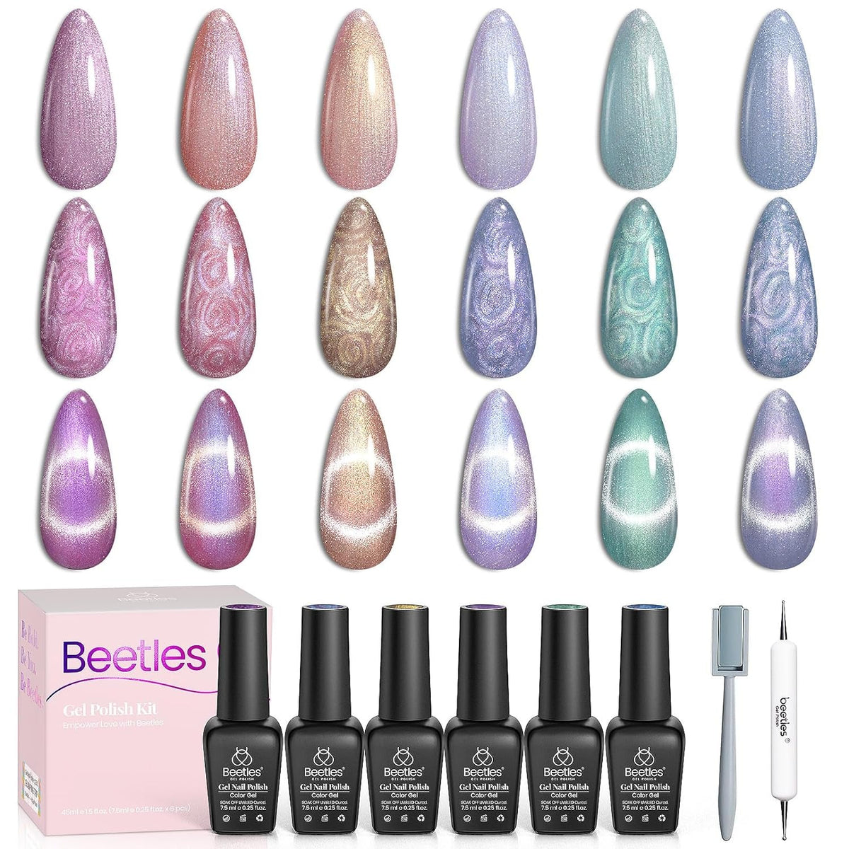 Beetles Pearl Gel Nail Polish 6 Colors Shimmer Glitter White Pink Blue Nail Polish Mermaid Gel Soak Off Uv Led Spring Summer Easter Gel Polish Swirl Thread Effect DIY Manicure Art