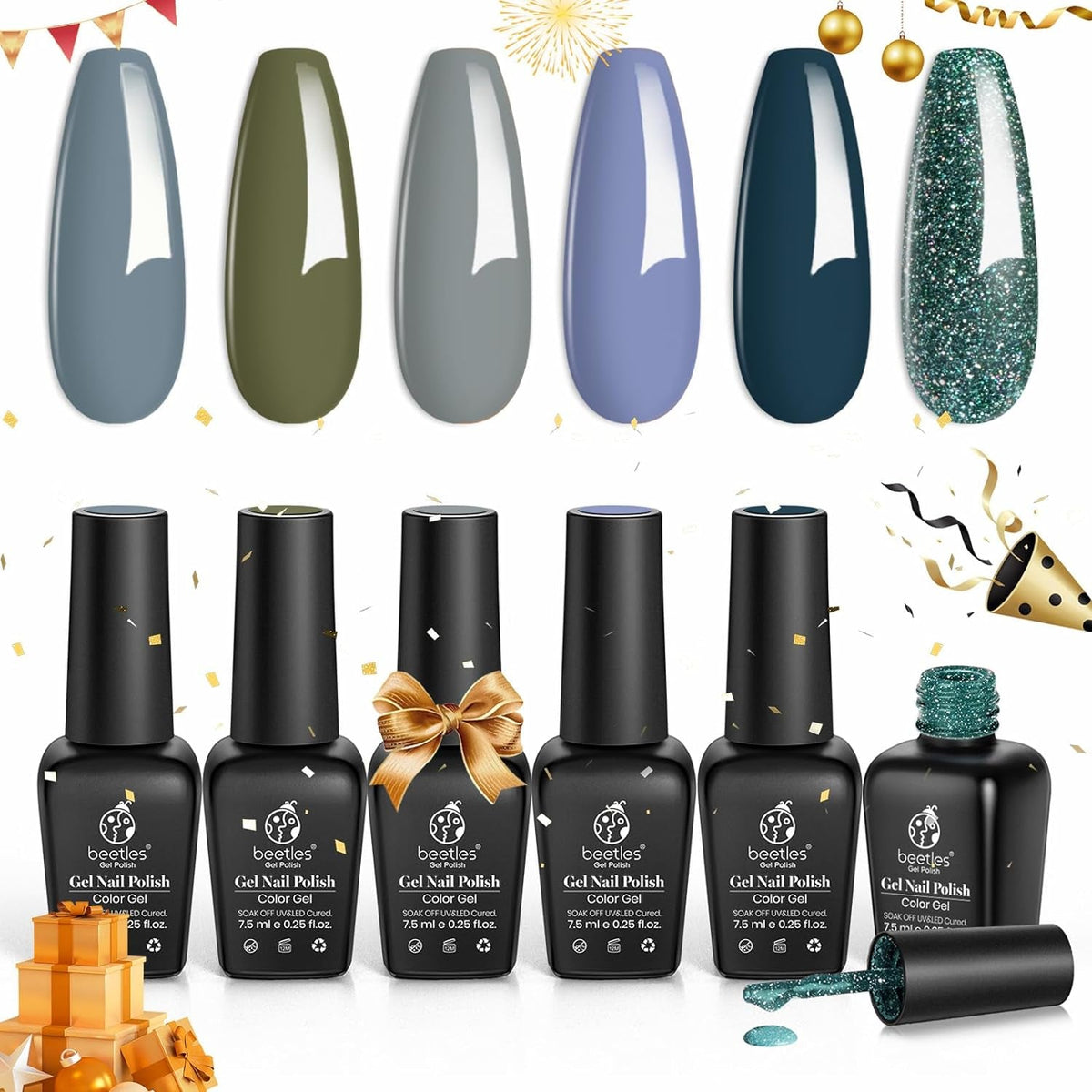 Beetles Gel Nail Polish Kit 6 Colors Green Gel Nail Polish Glitter Pearl Gel Nail Polish Spring Gel Polish Soak off Uv LED Nail Lamp Gel Nail Kit DIY Home Nail Manicure Easter Gel Nail Polish