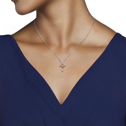 14K Rose Gold over Sterling Silver 1/4 Cttw Natural White round Diamond Heart with Cross Pendant Necklace, 18" Box Chain