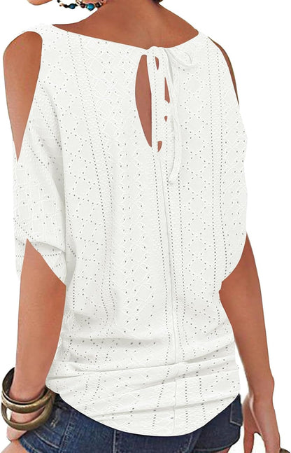 Women Cold Shoulder O-Neck Short Sleeve Loose Fit Summer Shirt Blouse Tops