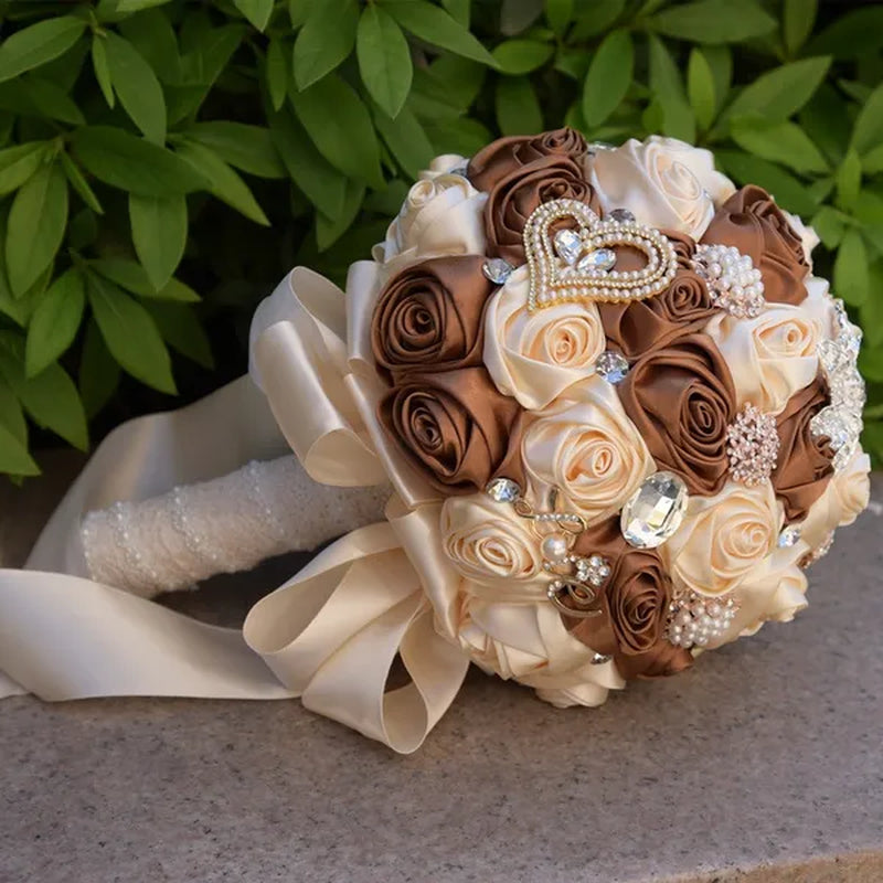 21CM Satin Ribbon Roses Wedding Bouquet Pearl Crystal Brooch Bride Holding Flowers Artificial Rose Wedding Flower Bridesmaid Bouquet. Multi-color Optional