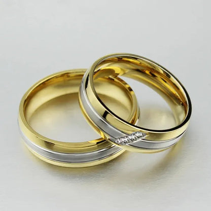 18k Gold Plated Silver Stripe CZ Wedding Band Engagement Promise Ring Men/Women's Stainless Steel Jewelry